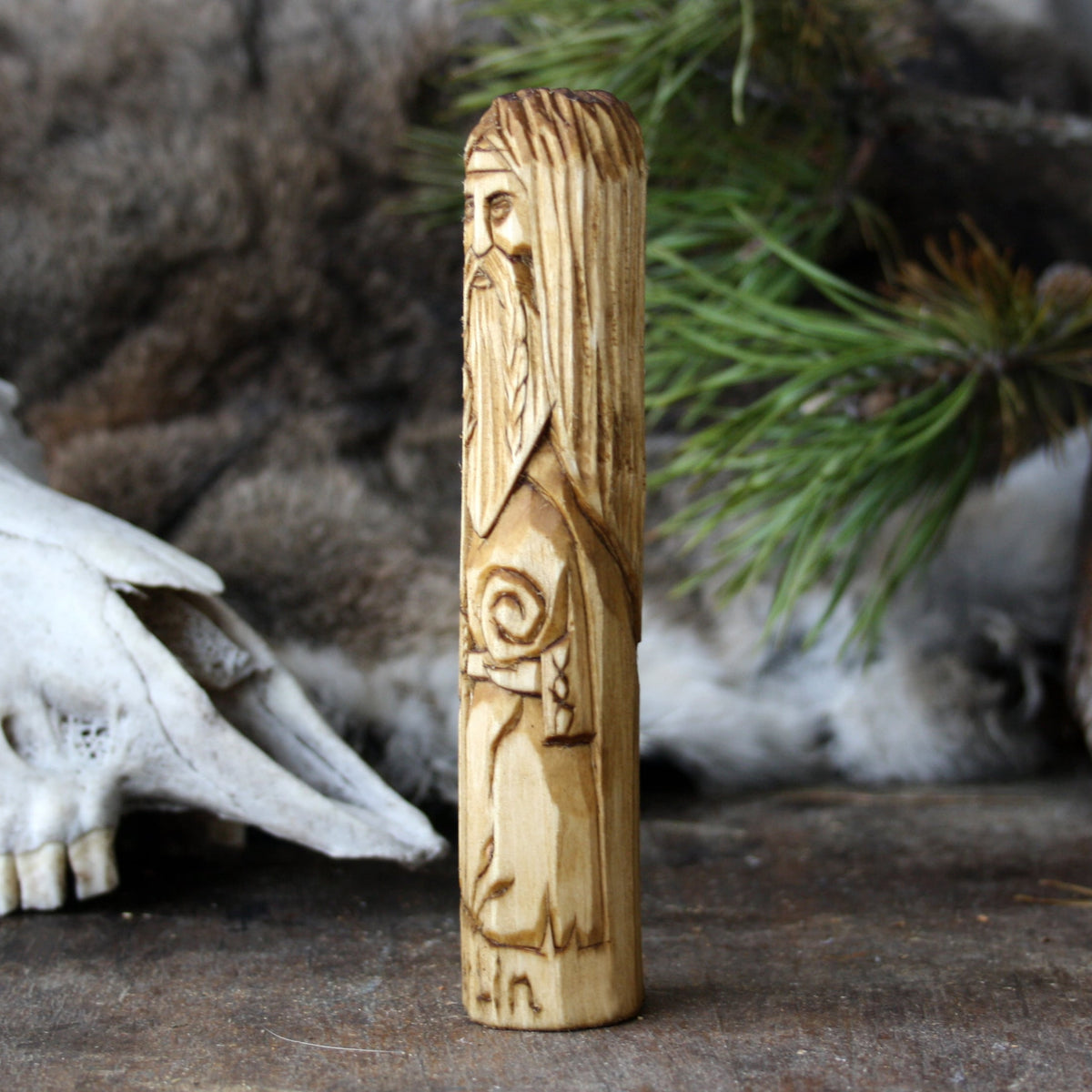 Merlin legendary wizard 15cm wooden statue opposite side view