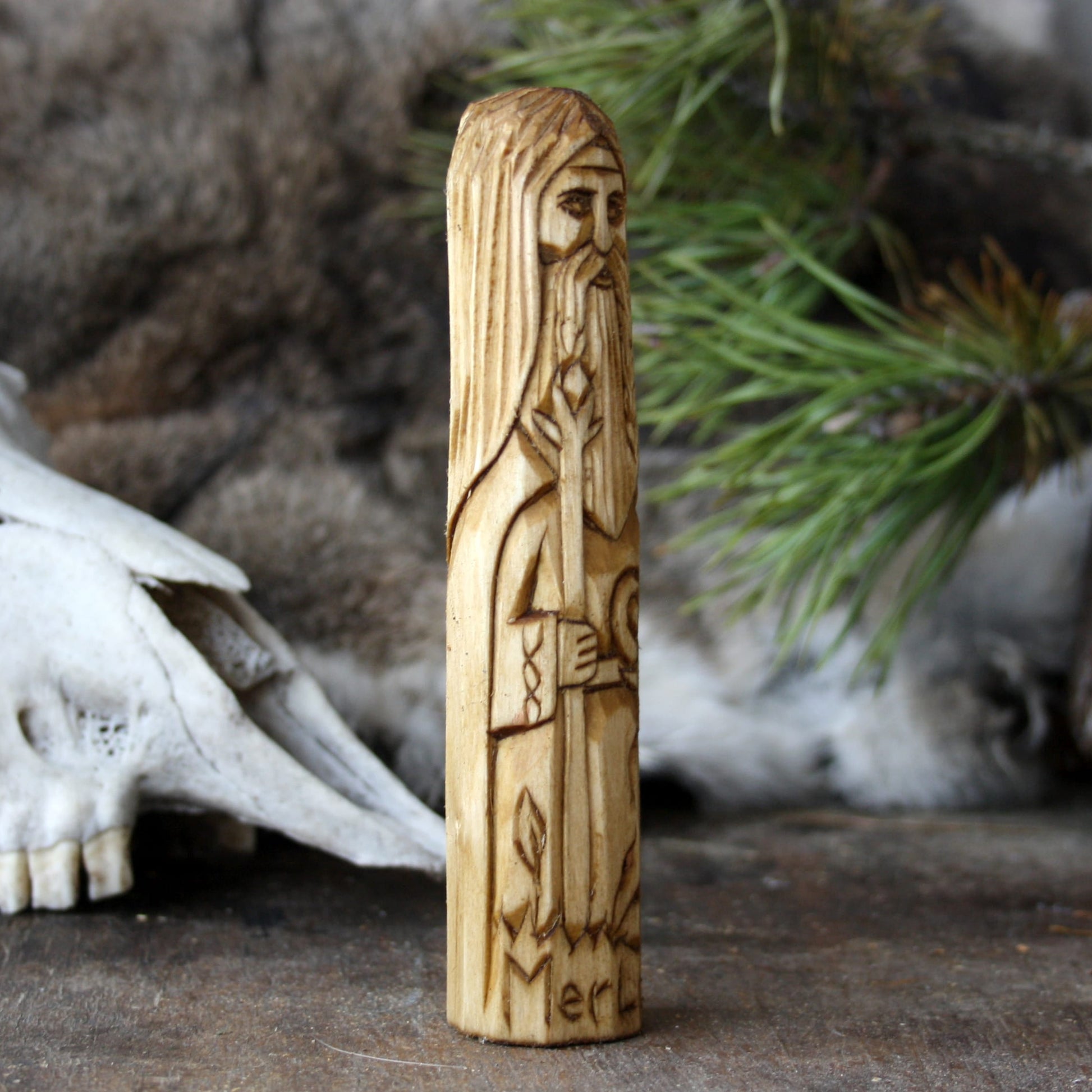 Merlin Celtic wizard and prophet 15cm hand-carved wooden statue side view