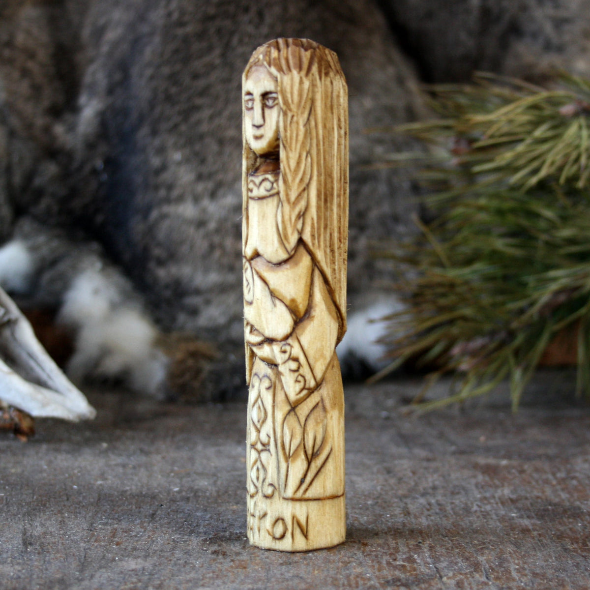 Modron Celtic goddess 15cm wooden statue opposite side view
