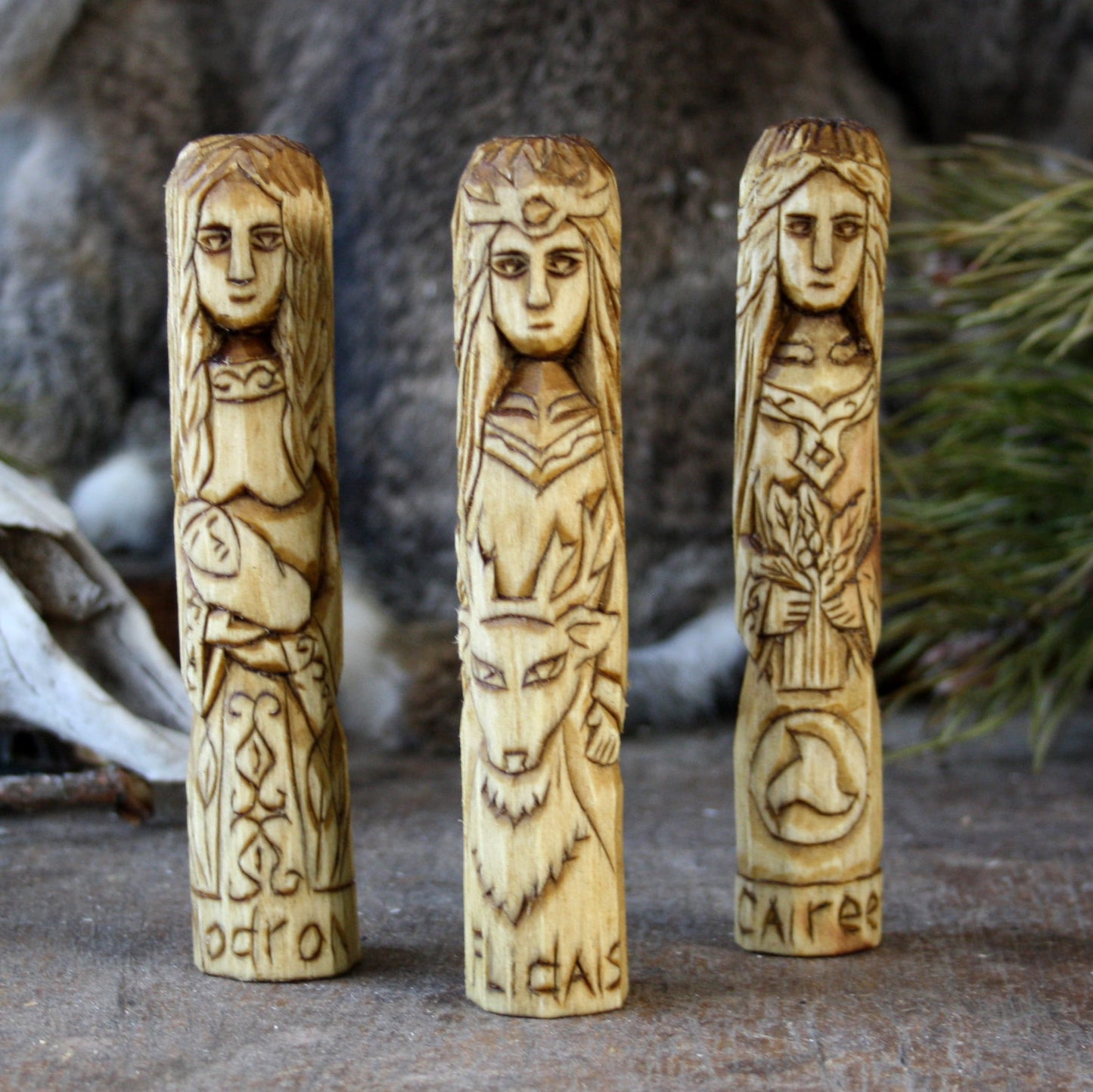 Modron with other 15cm Celtic gods and goddesses hand-carved wooden statues