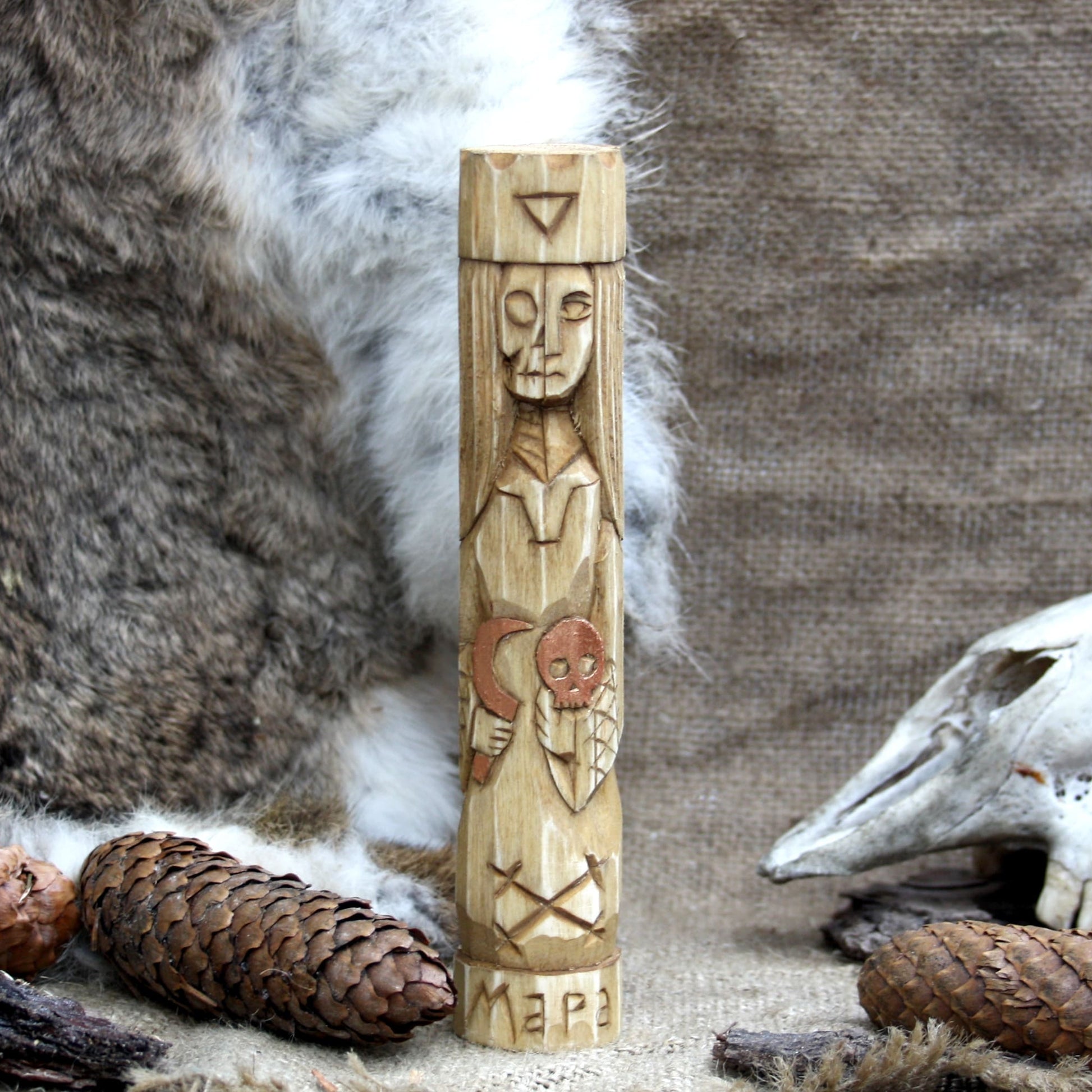 Front view of Morana Slavic wooden idol 18 cm hand carved from linden wood