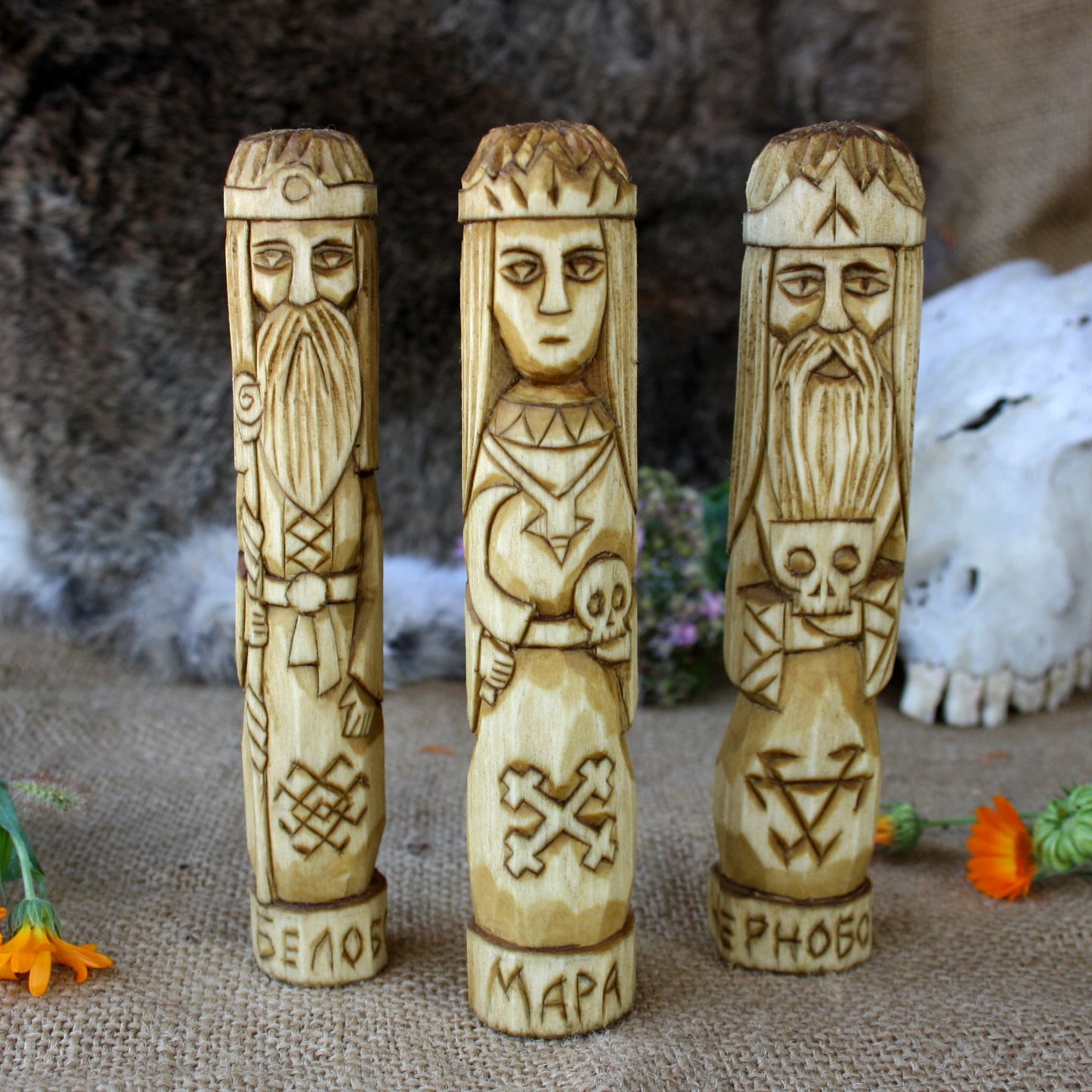 Slavic gods Morana statue with Belobog and ChernobogSlavic gods wooden figurines