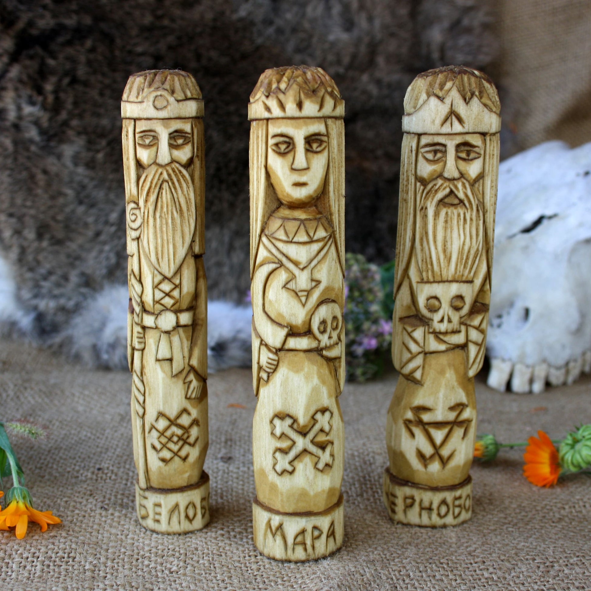 Slavic gods Morana statue with Belobog and ChernobogSlavic gods wooden figurines