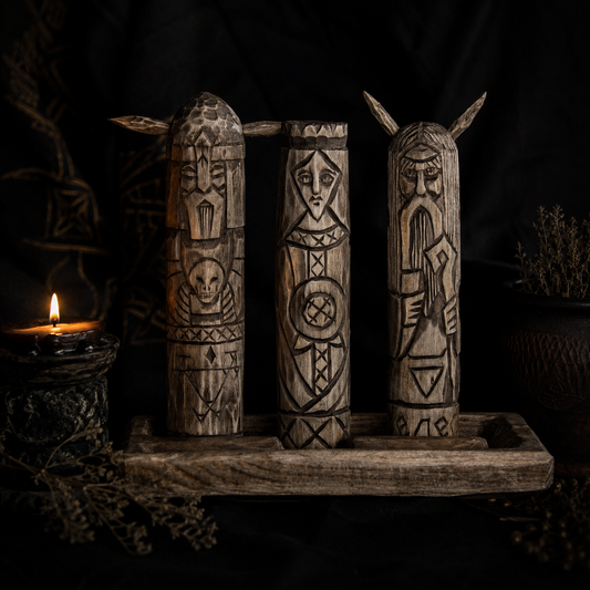 Morana Veles and Chernobog Slavic wooden idol set 20 cm with handcrafted altar base