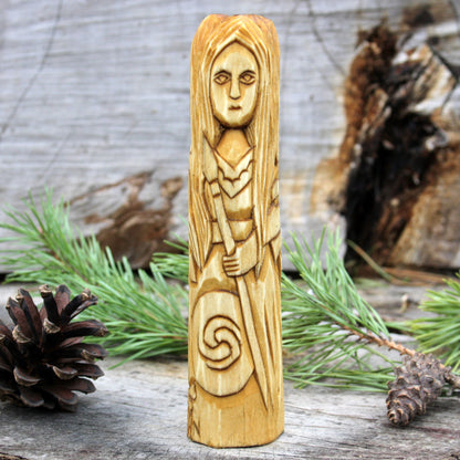 Morrigan Celtic goddess triple-faced 15cm hand-carved wooden statue back view