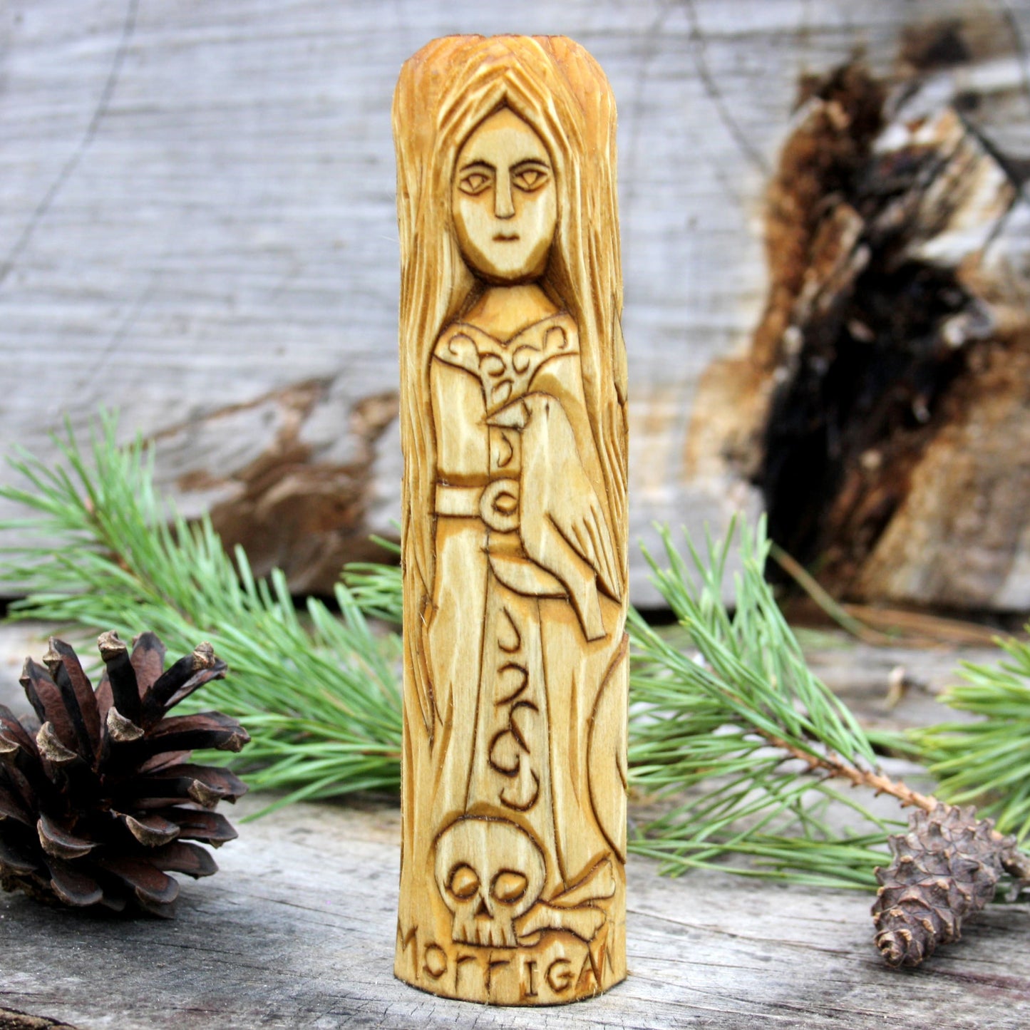 Morrigan Celtic goddess three-faced 15cm hand-carved wooden statue front view