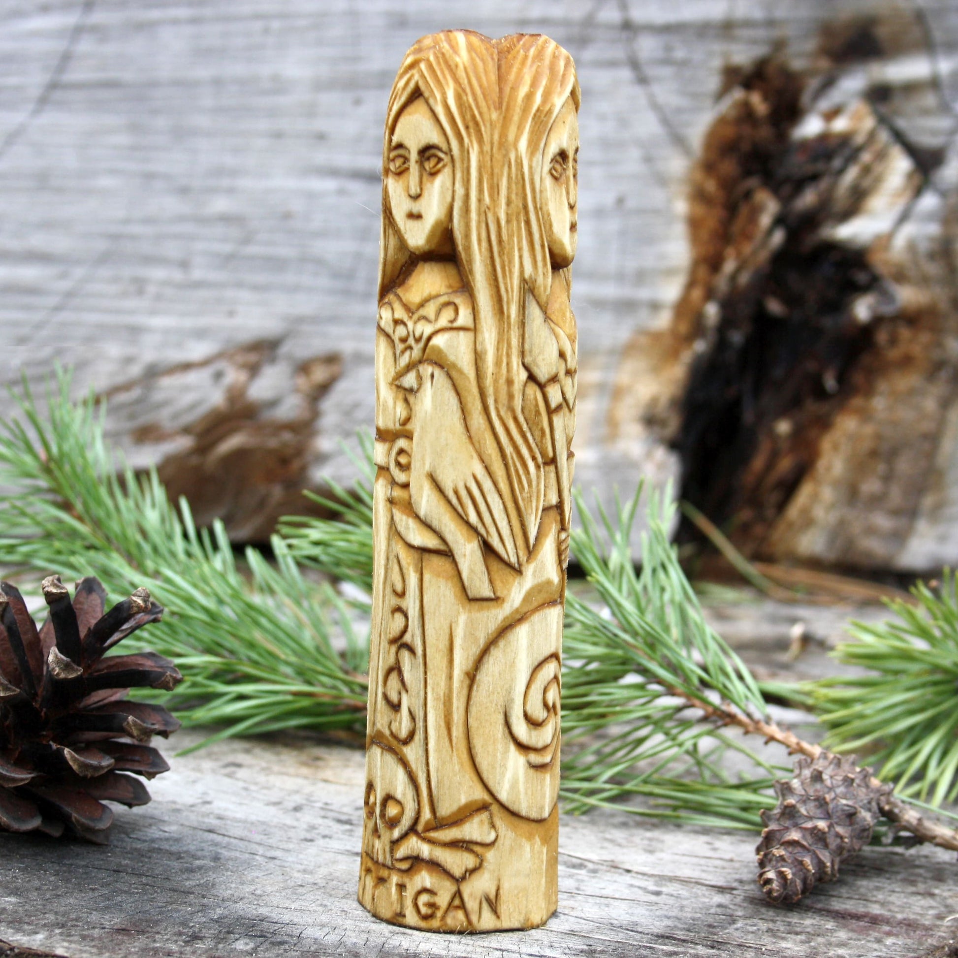 Morrigan Celtic goddess three-faced 15cm hand-carved wooden statue side view