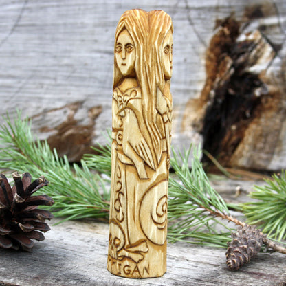 Morrigan Celtic goddess three-faced 15cm hand-carved wooden statue side view