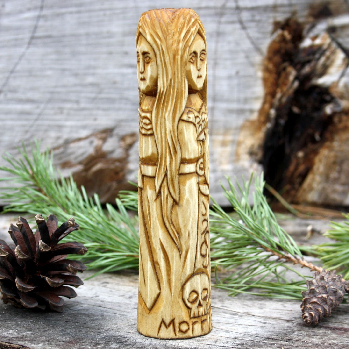 Morrigan Celtic goddess three faces 15cm wooden statue left view