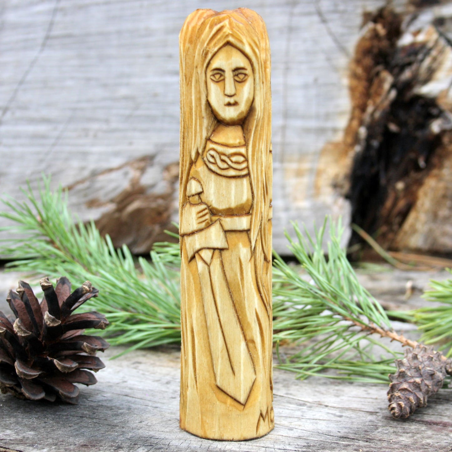 Morrigan Celtic goddess three-faced 15cm hand-carved wooden statue right side view