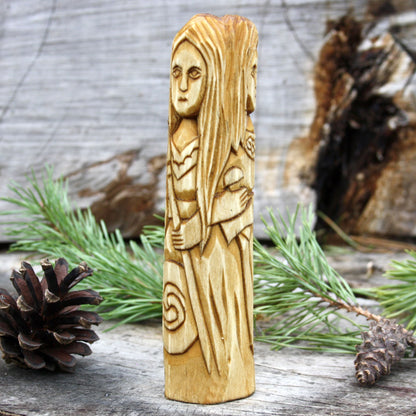 Morrigan Celtic goddess three faces 15cm wooden statue detailed view