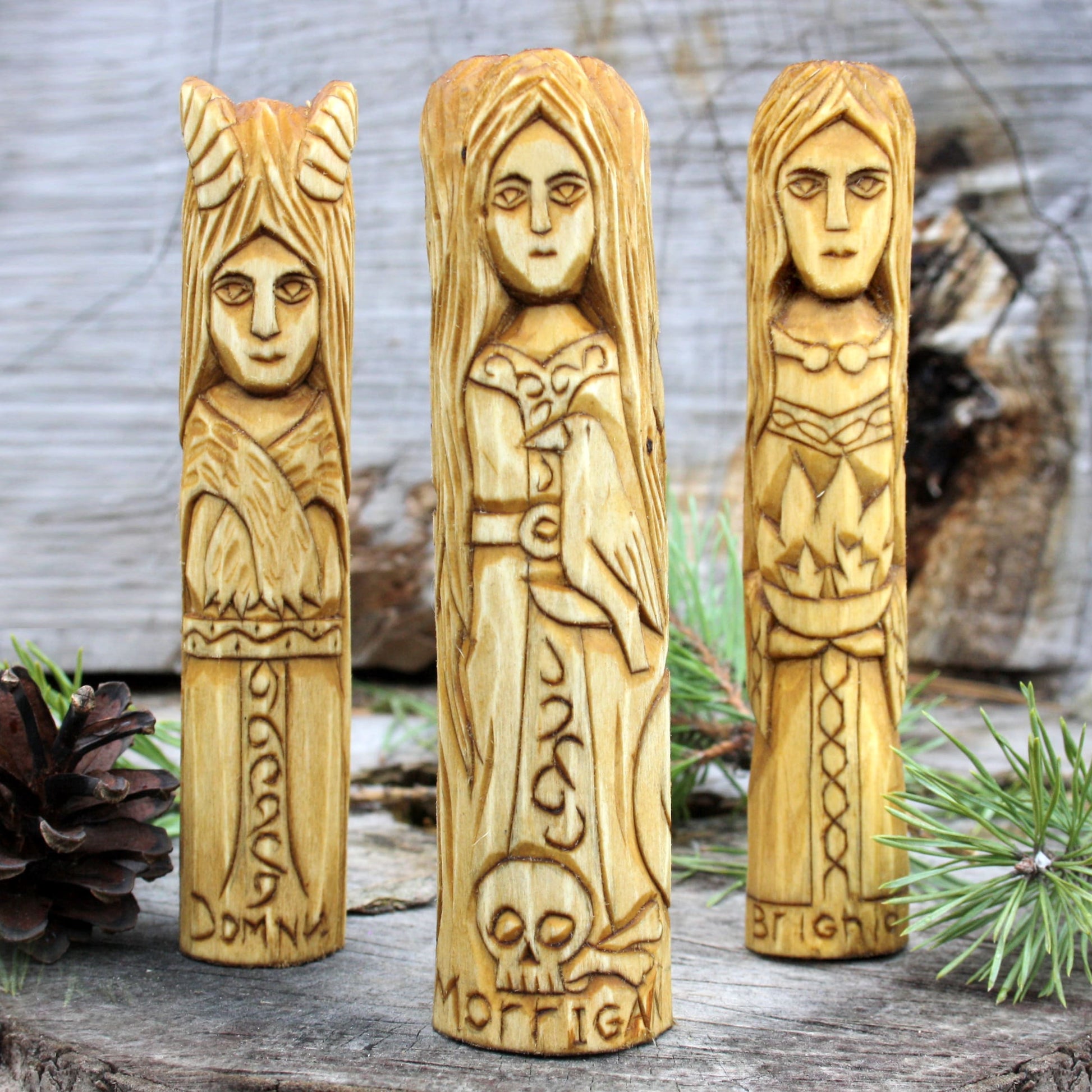Morrigan with other 15cm Celtic gods and goddesses hand-carved wooden statues