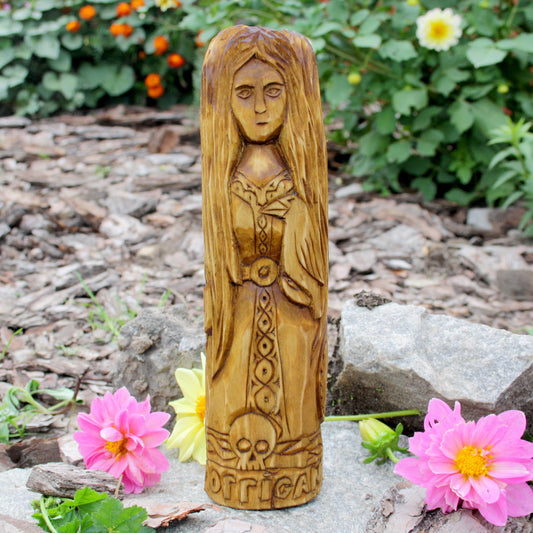 Hand-carved wooden Morrigan triple-body Celtic goddess statue, 25 cm, front view