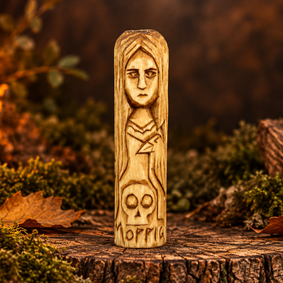 Front view of the 10 cm wooden Morrigan figurine showing one of its three carved faces
