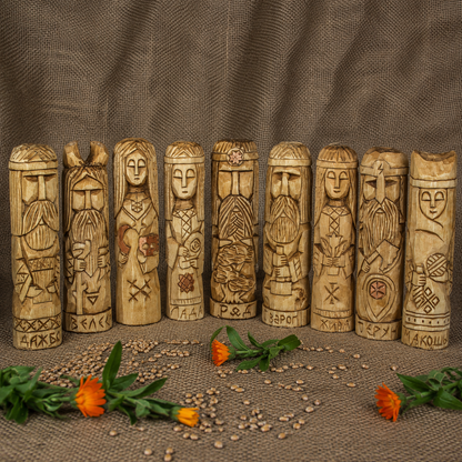 Set of nine hand carved Slavic gods wooden idols 16.5 to 17 cm tall