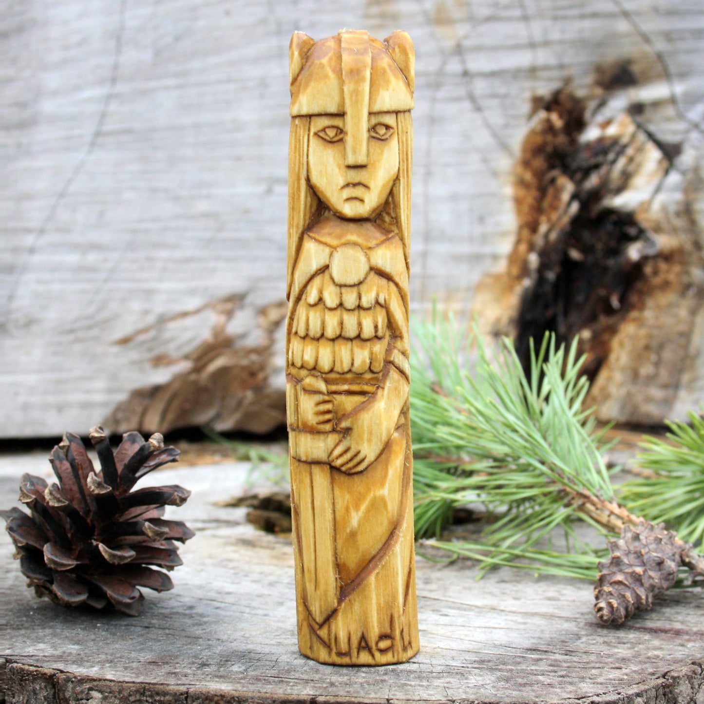 Nuada Celtic god king of the Silver Hand 15cm hand-carved wooden statue front view
