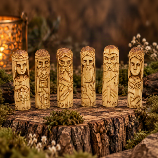 Set of six 10 cm hand-carved Celtic wooden figures featuring Ogma, Aine, Lugh, Cailleach, Dian Cecht and Angus