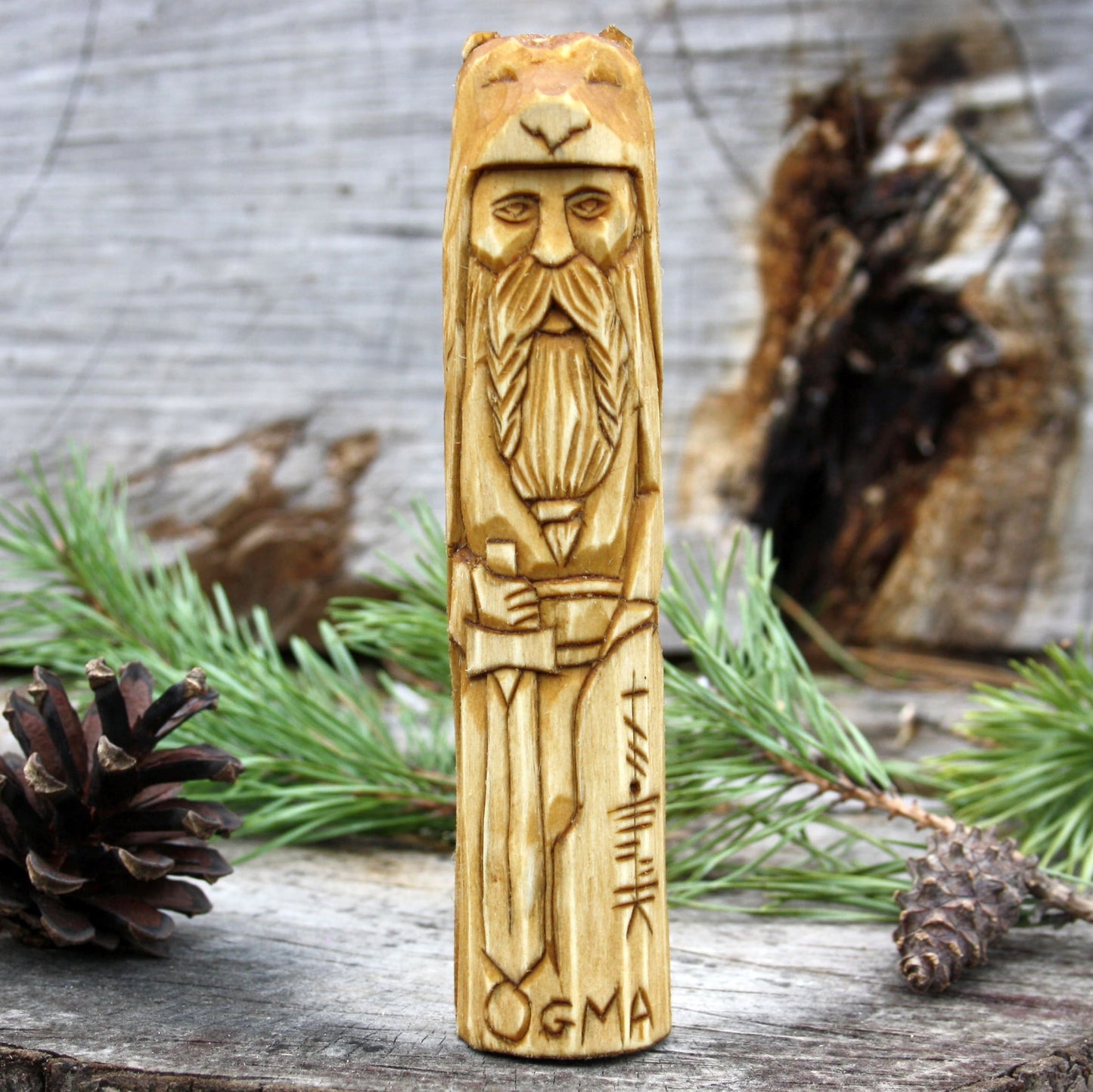 Ogma Celtic god of eloquence and writing 15cm hand-carved wooden statue front view