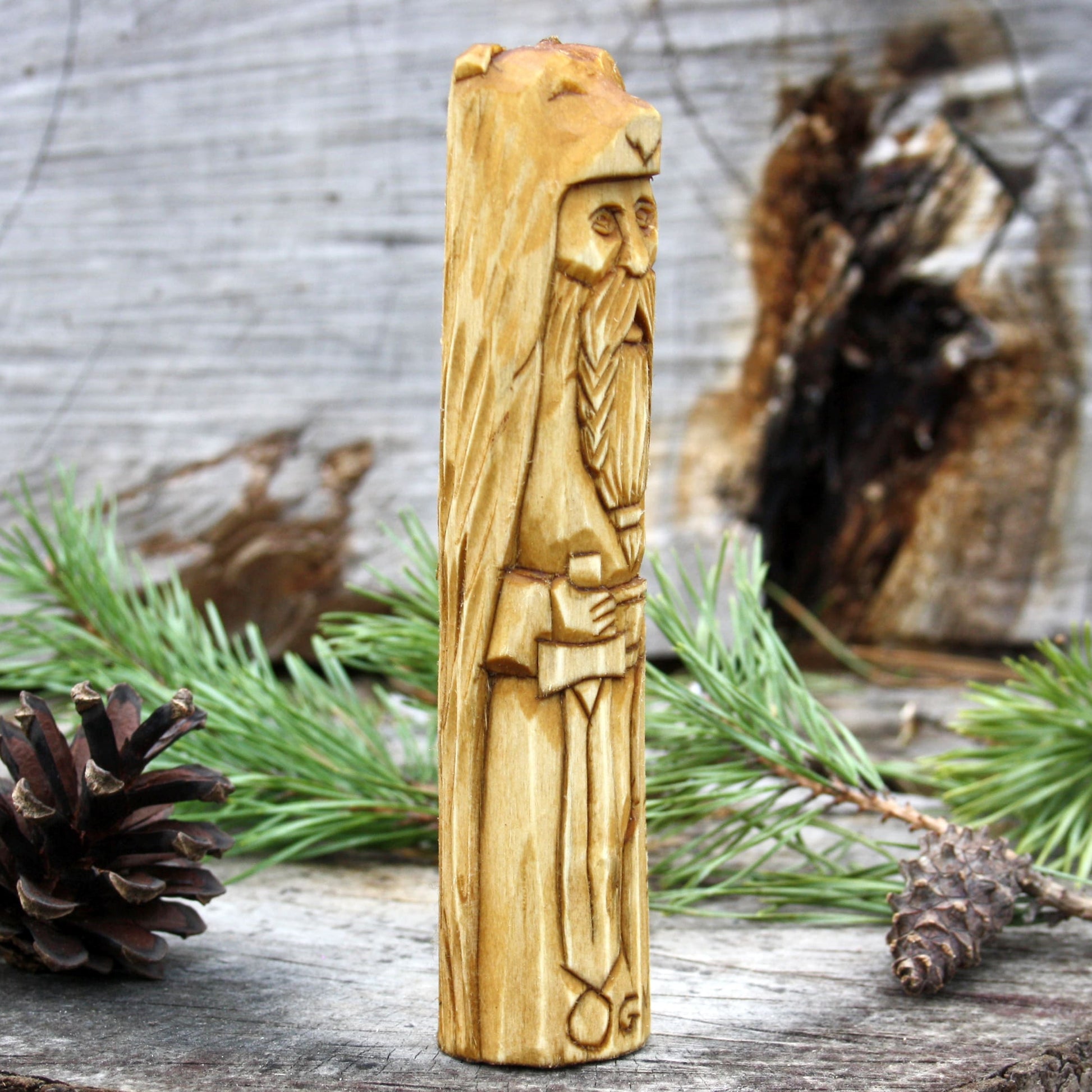Ogma Celtic god of eloquence and writing 15cm hand-carved wooden statue side view