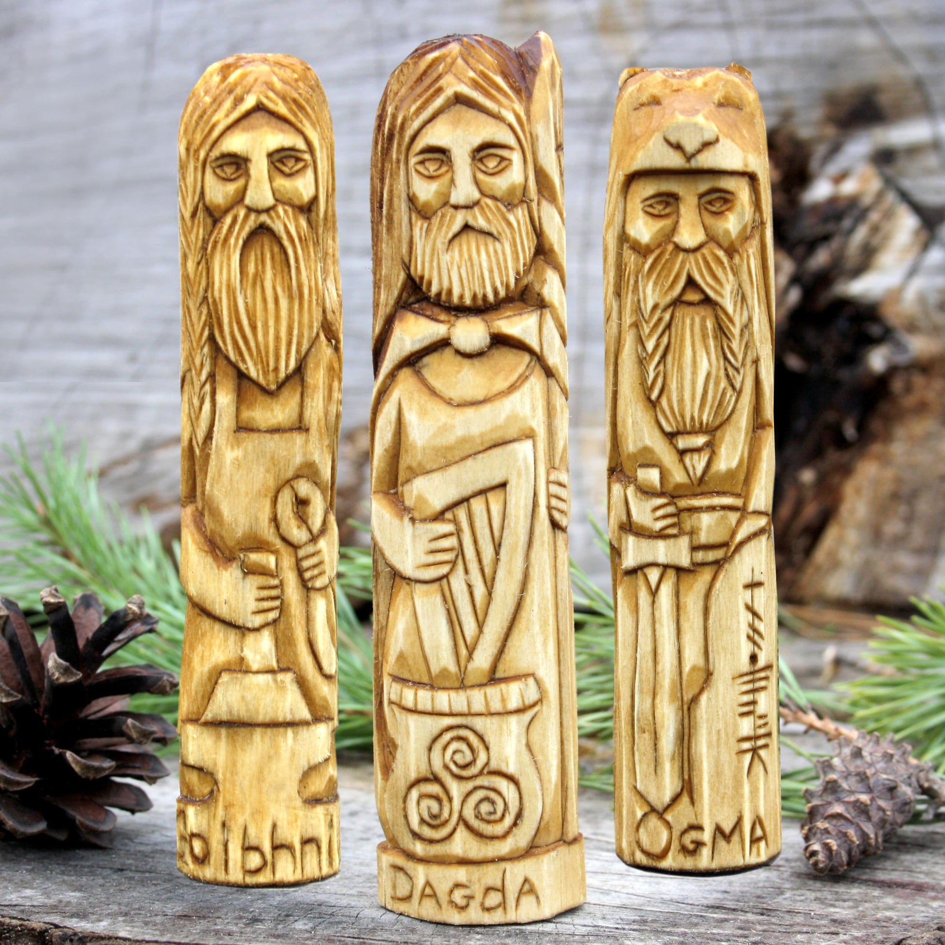 Ogma with other 15cm Celtic gods hand-carved wooden statues