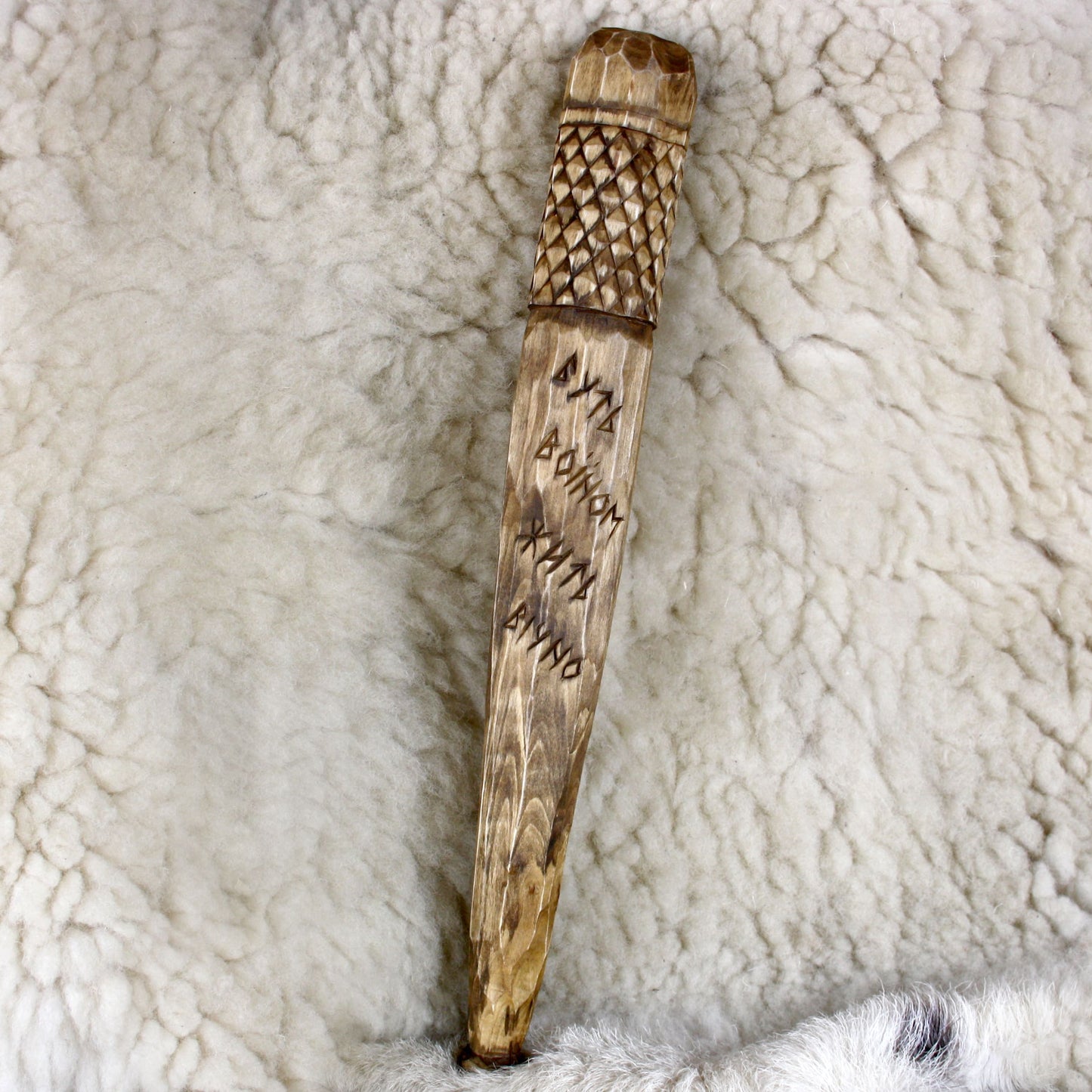 Back view of hand carved Perun ritual staff
