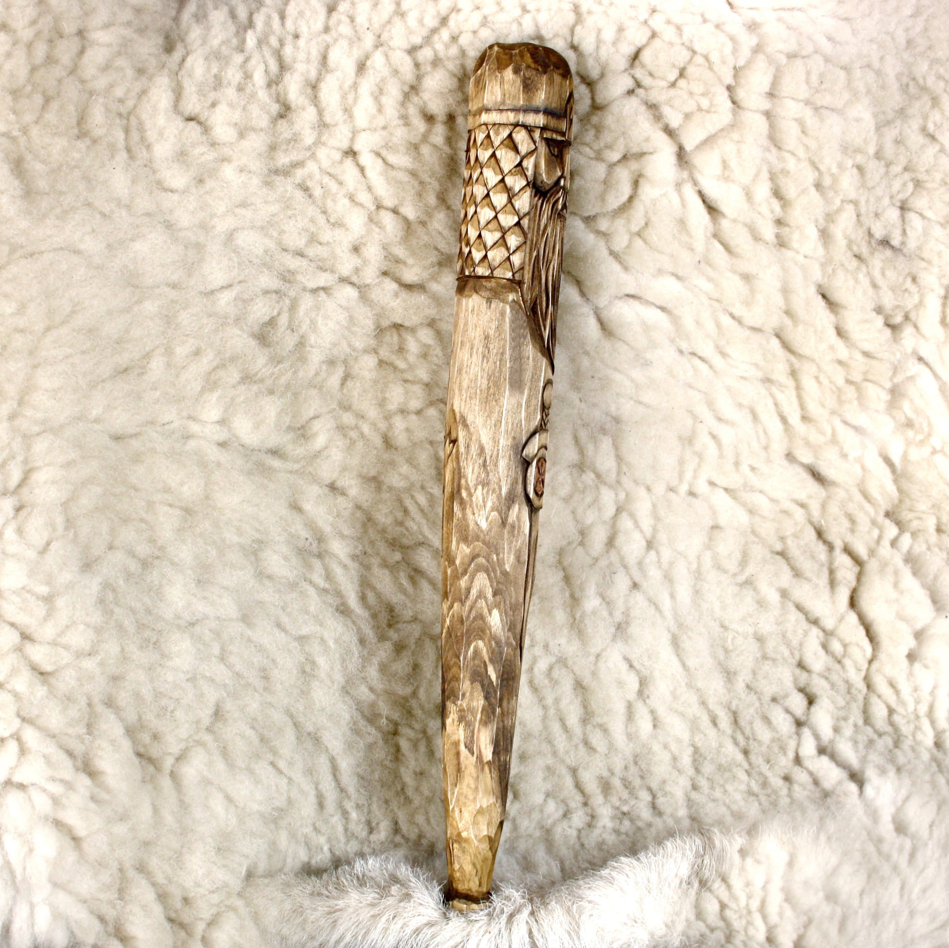 Left view of hand carved Perun ritual staff