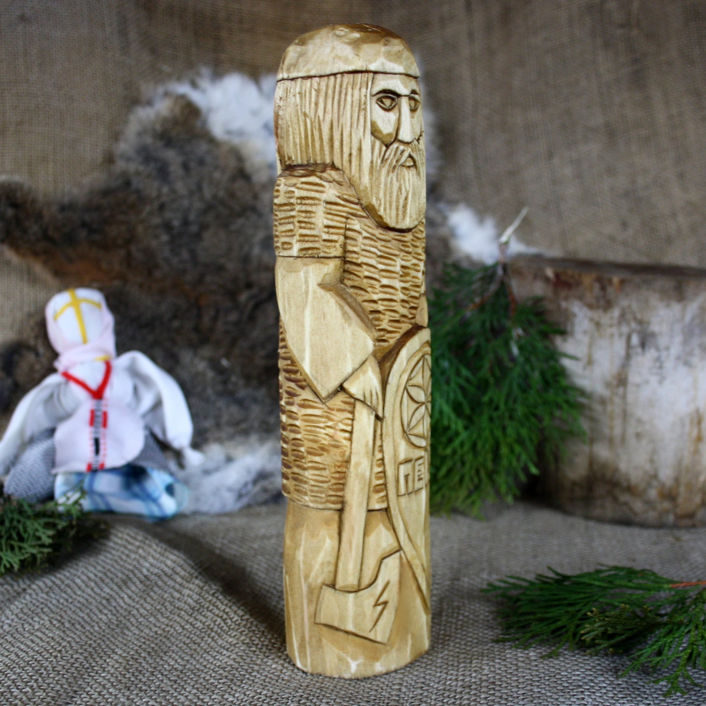 Right side of Perun Slavic God hand carved wooden statue