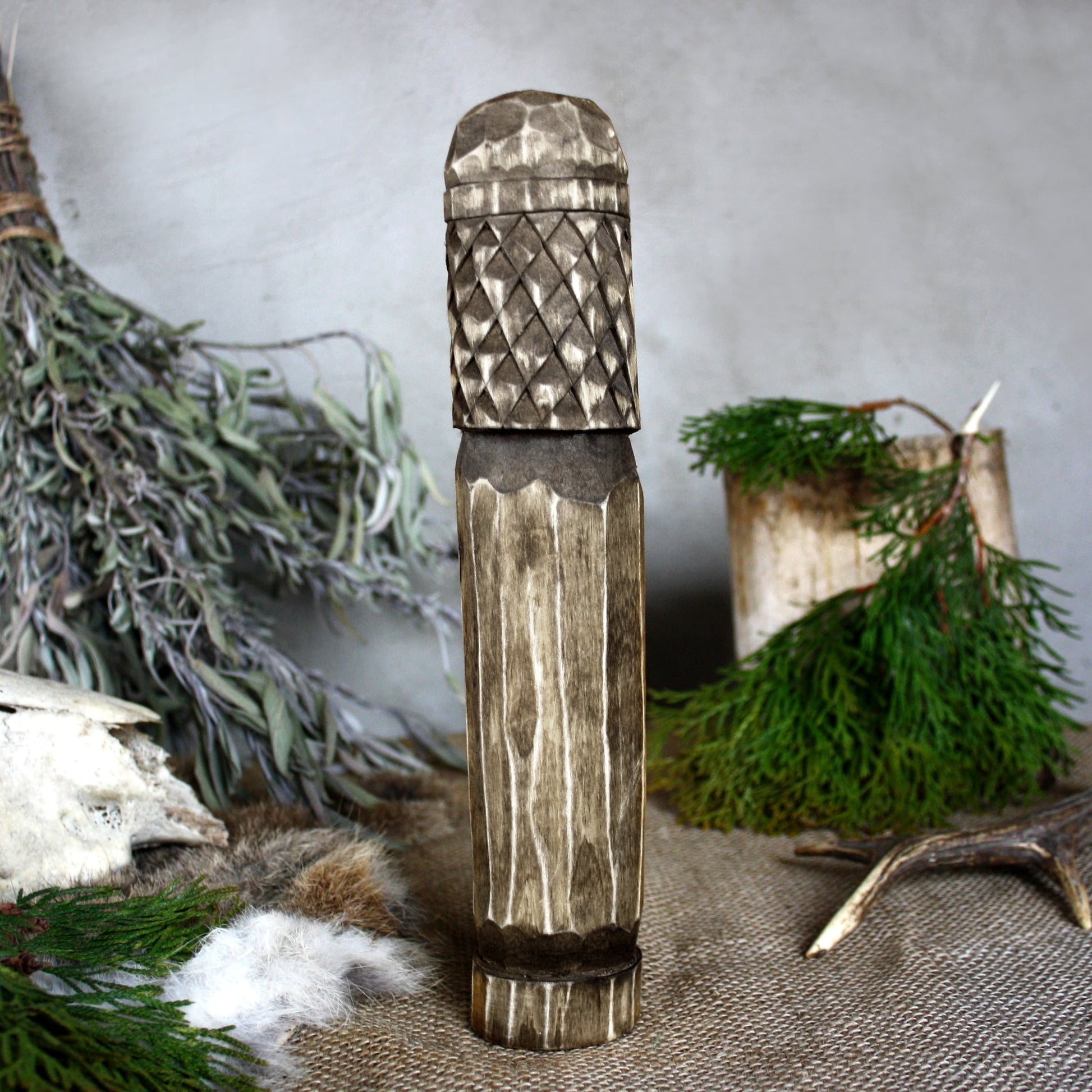 Back view of Perun Slavic wooden idol 25 cm with dark finish
