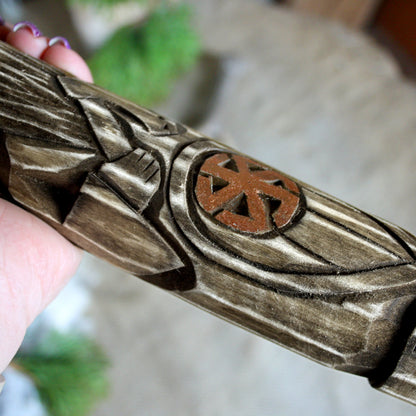 Detailed view of Perun Slavic wooden idol 25 cm showing traditional hand-carved ornaments