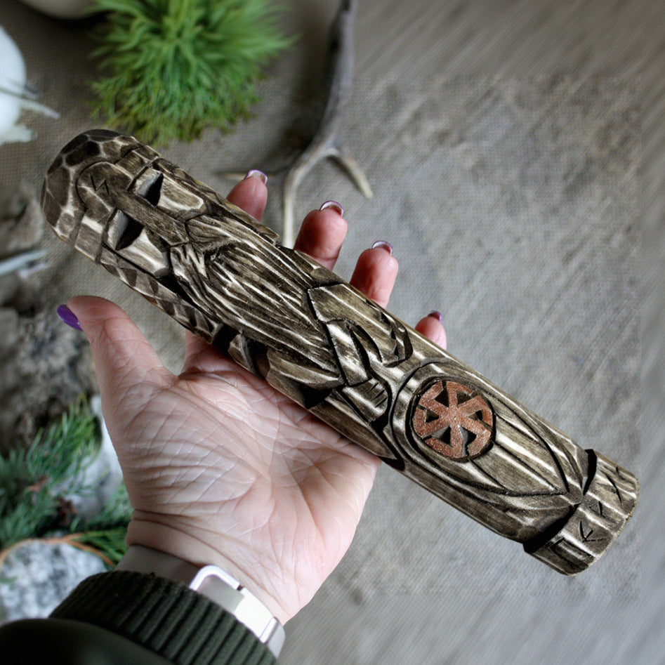 Perun Slavic wooden idol 25 cm held in hand to show size and scale