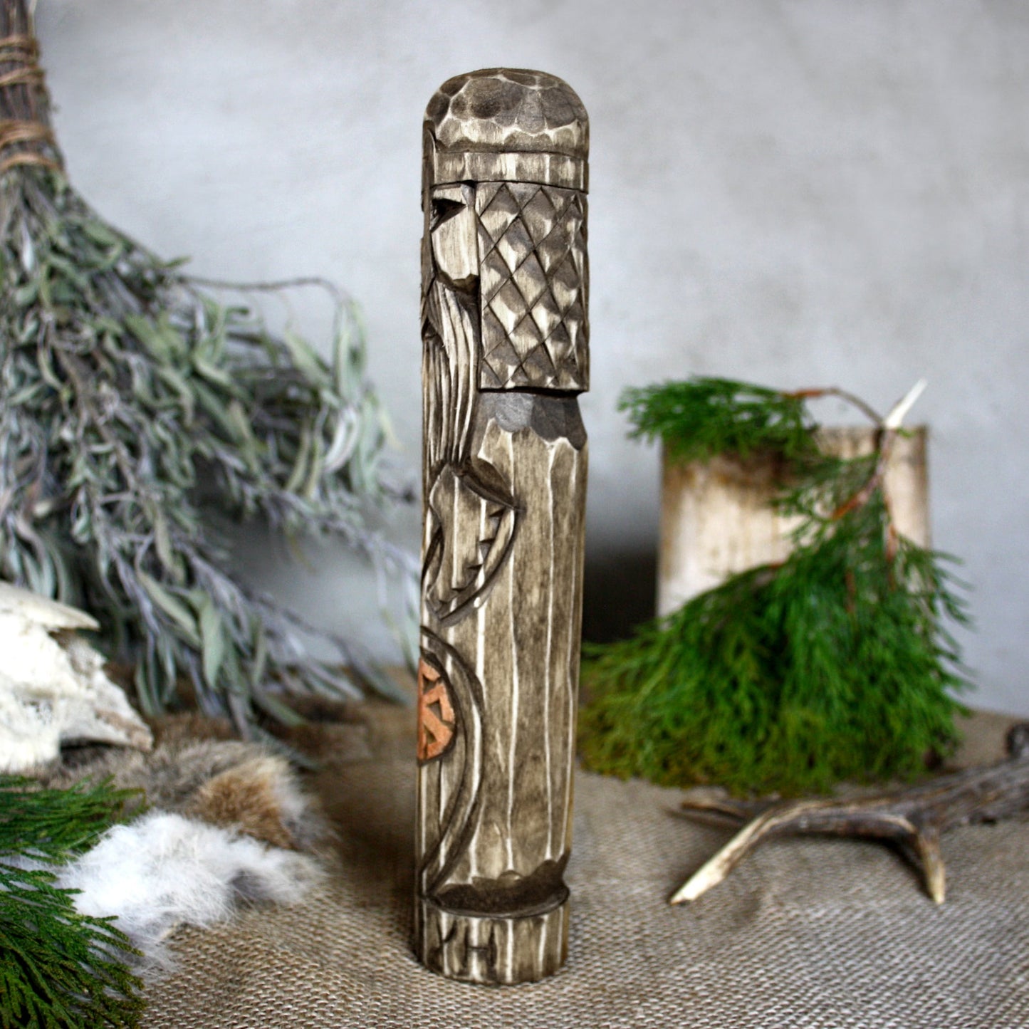 Left side of Perun Slavic god wooden idol 25 cm hand carved from linden wood