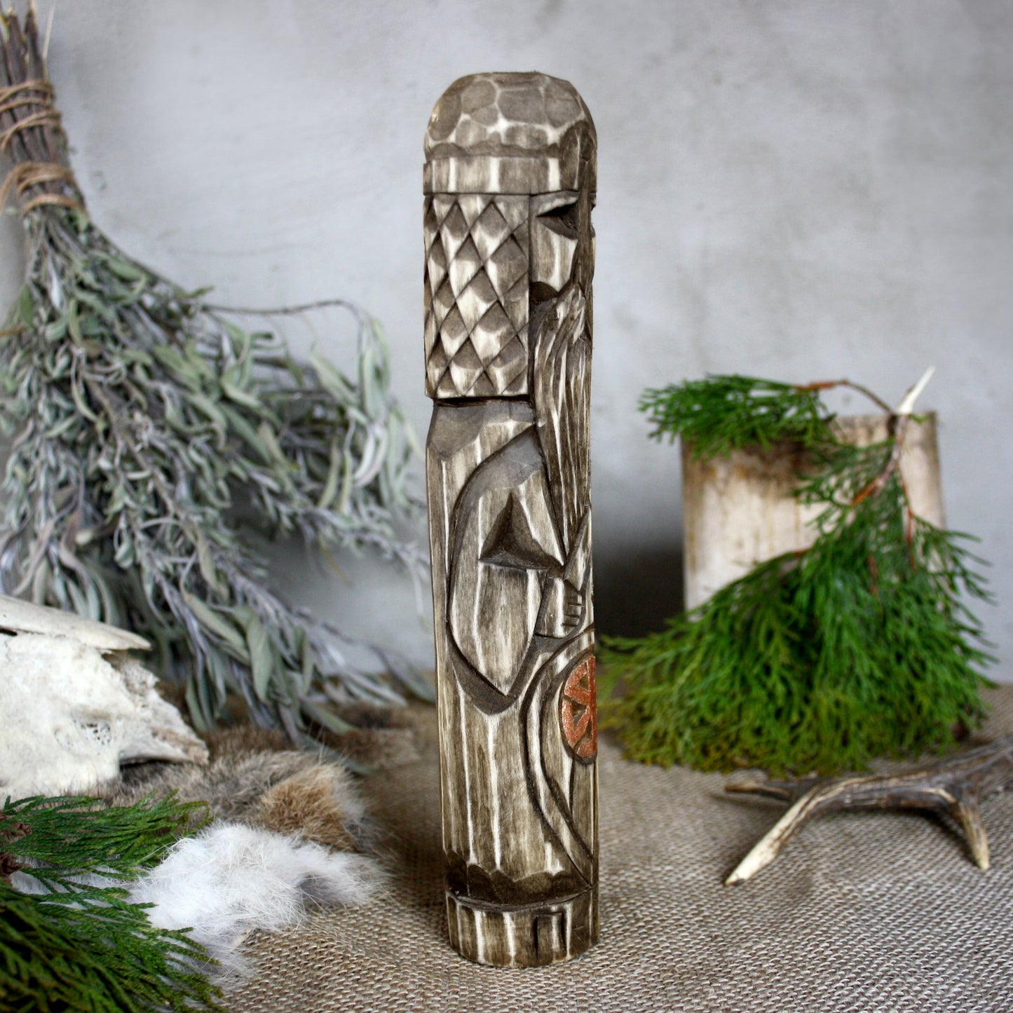 Right side of Perun hand carved Slavic wooden idol 25 cm
