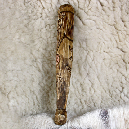 Side profile of hand carved Perun walking stick