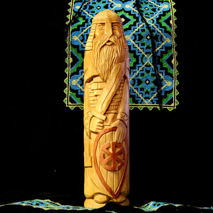 Front view of Perun warrior wooden statue 28.5 cm hand carved from linden wood