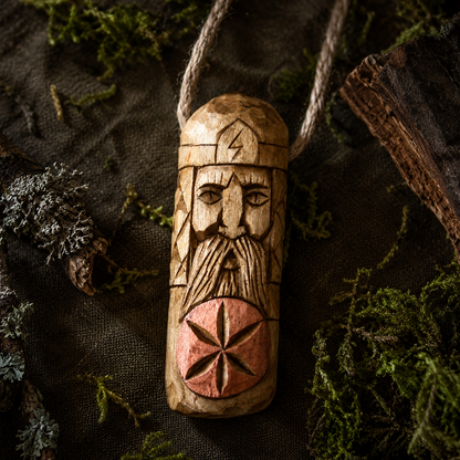 Hand carved Perun wooden amulet made from natural linden wood