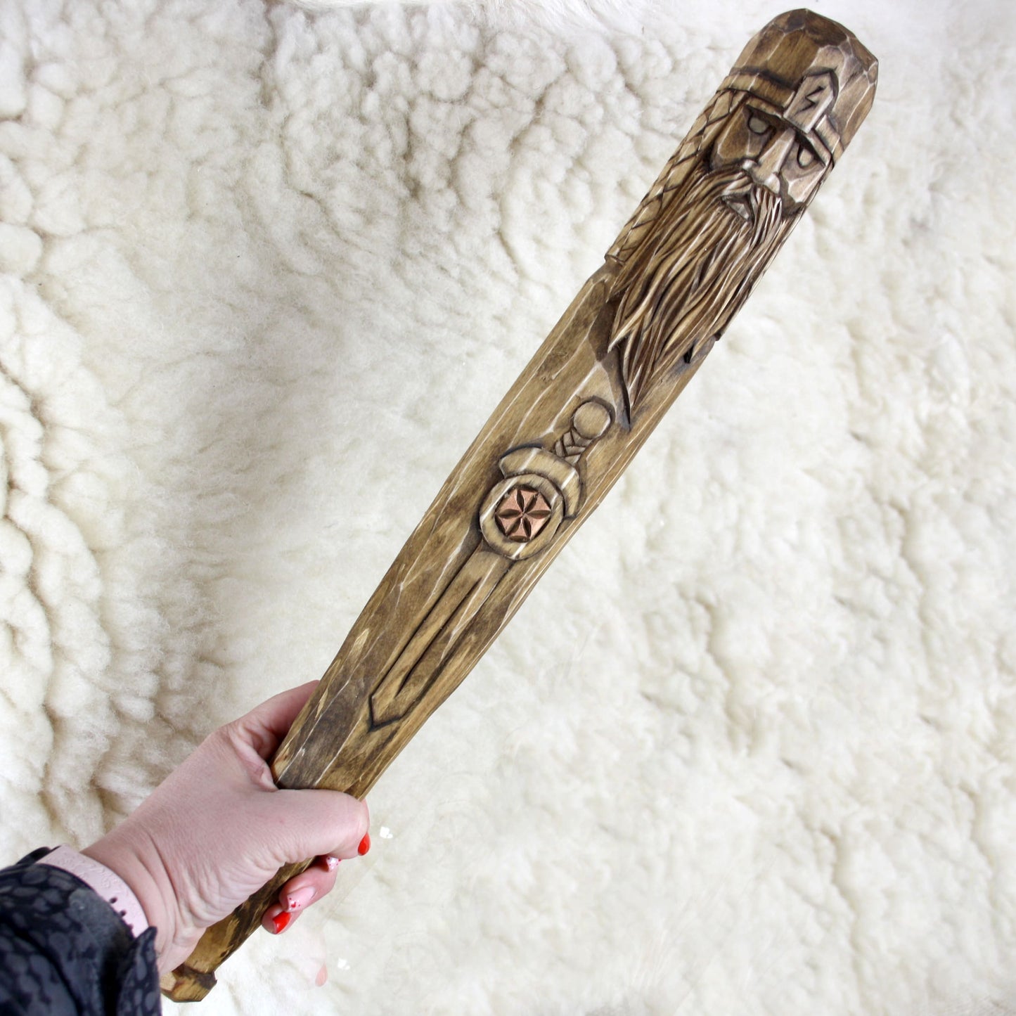 Hand carved Perun wooden ritual staff made from natural linden wood