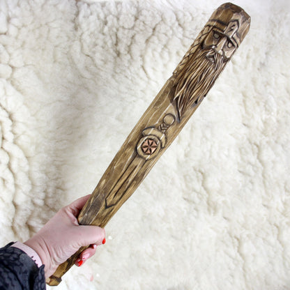 Hand carved Perun wooden ritual staff made from natural linden wood