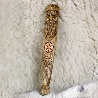 Hand carved Perun wooden walking stick made from natural linden wood