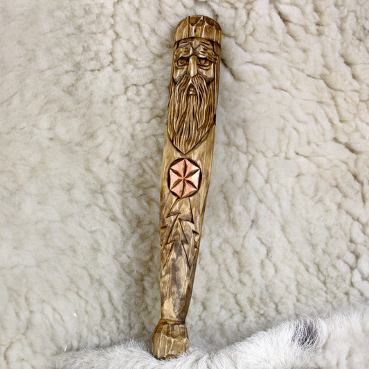 Hand carved Perun wooden walking stick made from natural linden wood