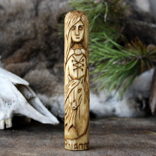 Rhiannon Celtic goddess of horses and sovereignty 15cm hand-carved wooden statue front view