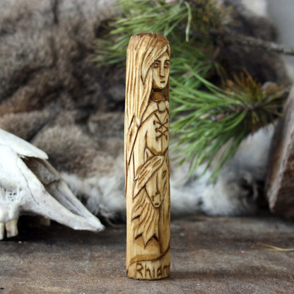 Rhiannon Celtic goddess 15cm wooden statue opposite side view