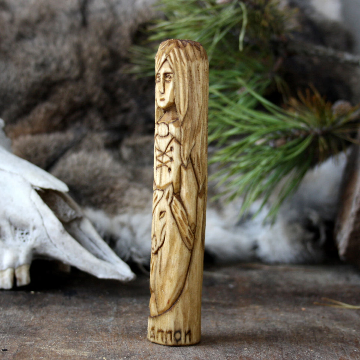 Rhiannon Celtic goddess of horses 15cm hand-carved wooden statue side view