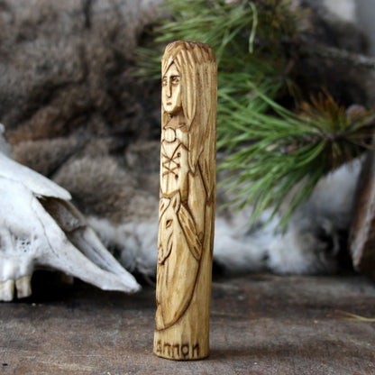 Rhiannon Celtic goddess of horses 15cm hand-carved wooden statue side view