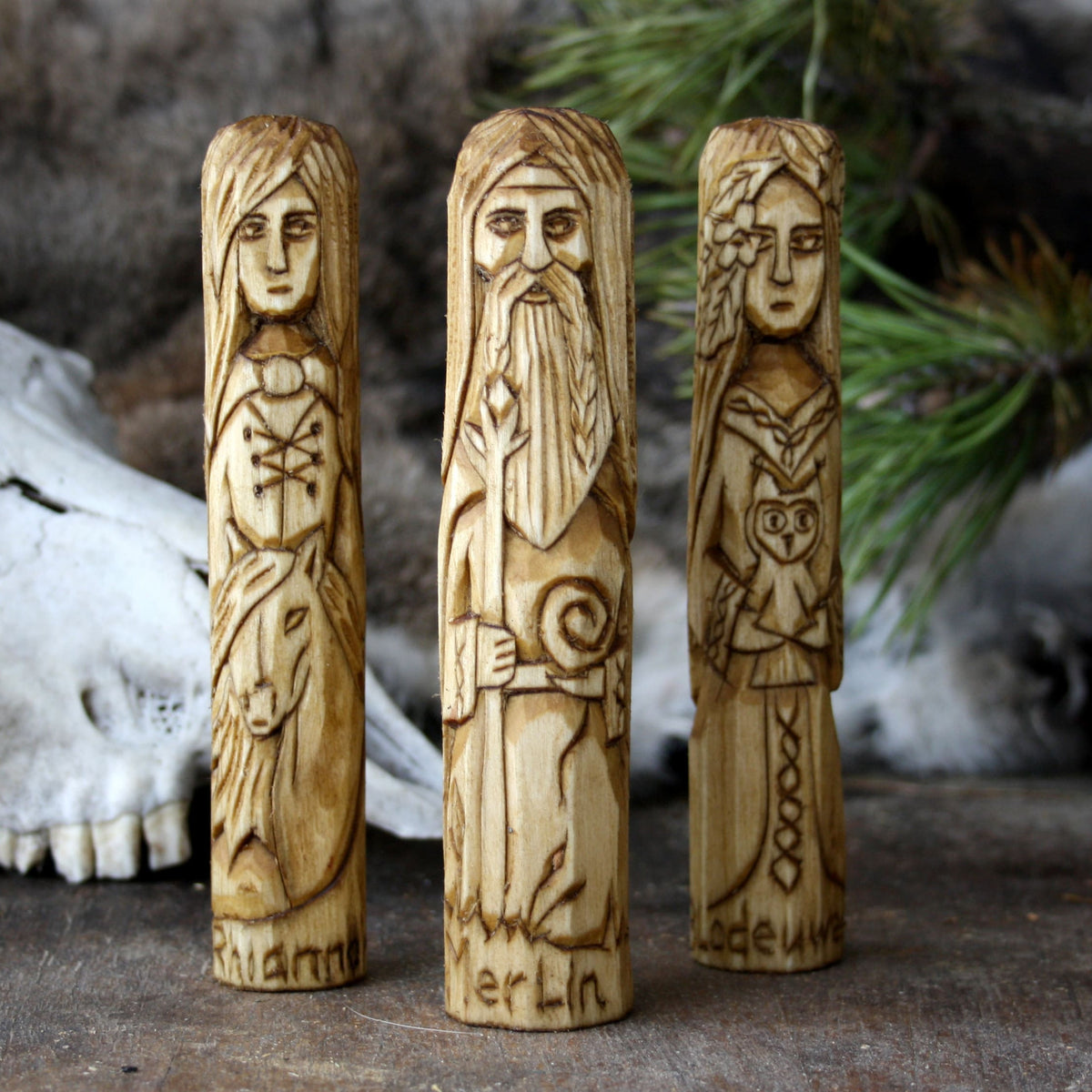 Rhiannon with other 15cm Celtic gods and goddesses hand-carved wooden statues