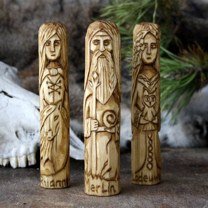 Rhiannon with other 15cm Celtic gods and goddesses hand-carved wooden statues