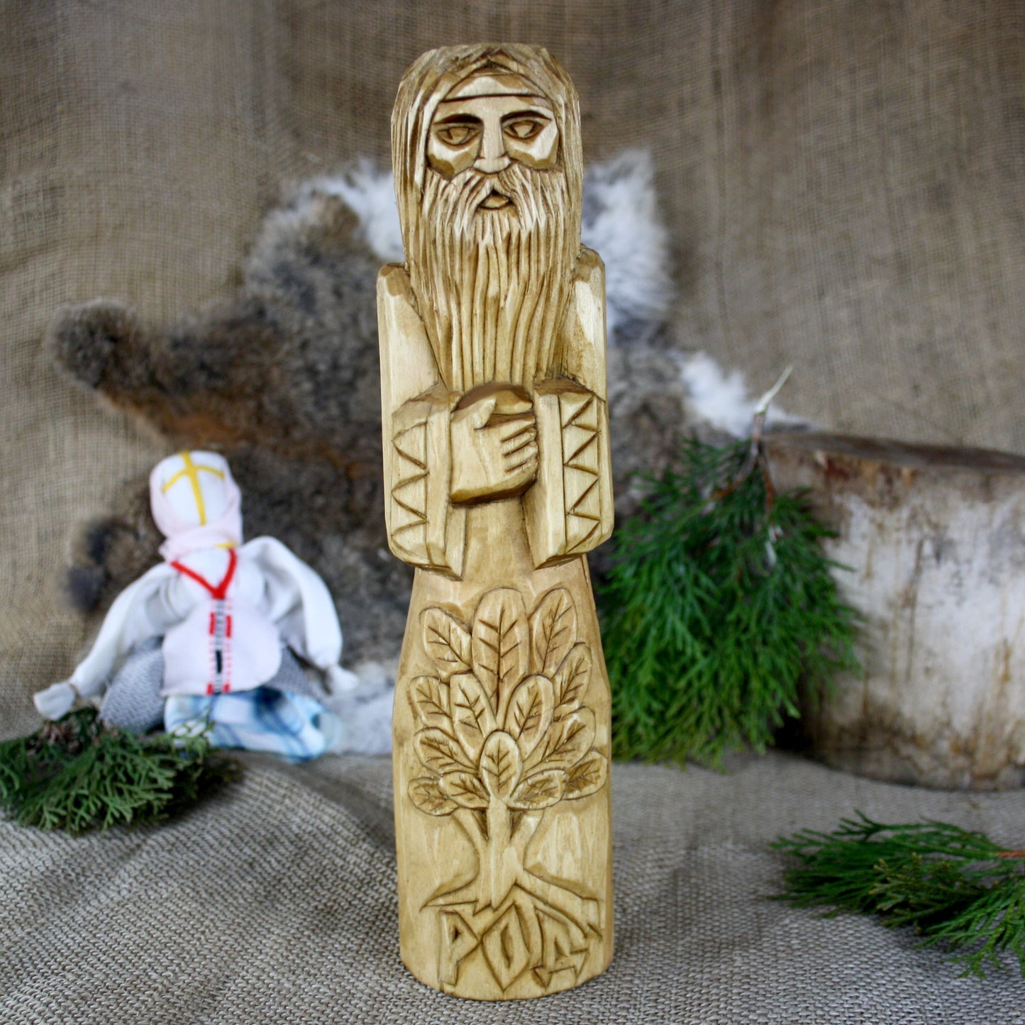 Rod Slavic God wooden statue 30 cm hand carved from linden wood front view