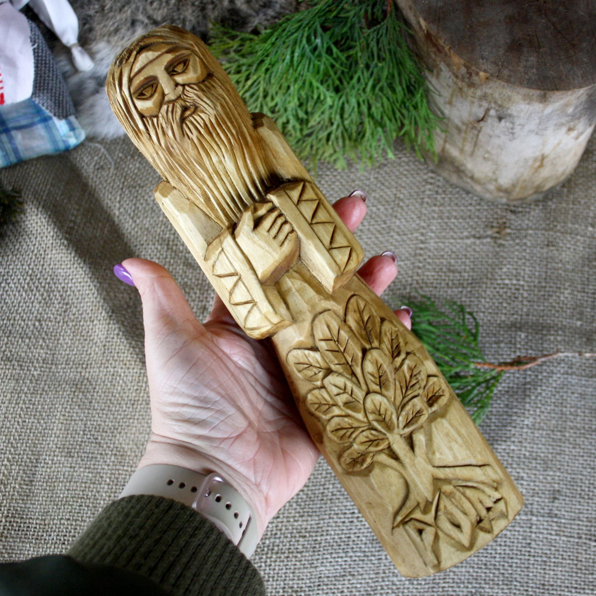 od Slavic God wooden statue held in hand for size comparison 30 cm
