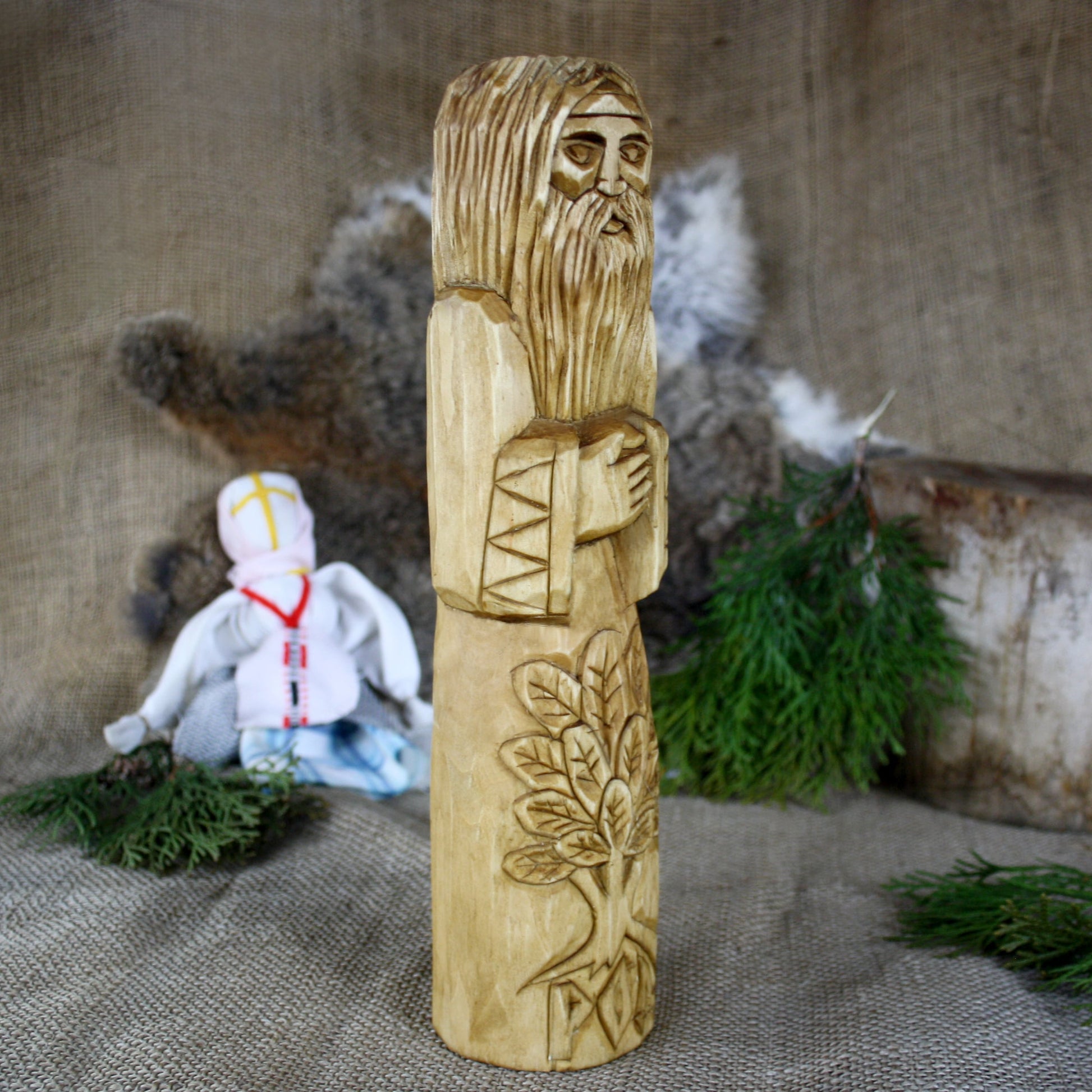 Side view of Rod Slavic God wooden statue 30 cm handcrafted sculpture