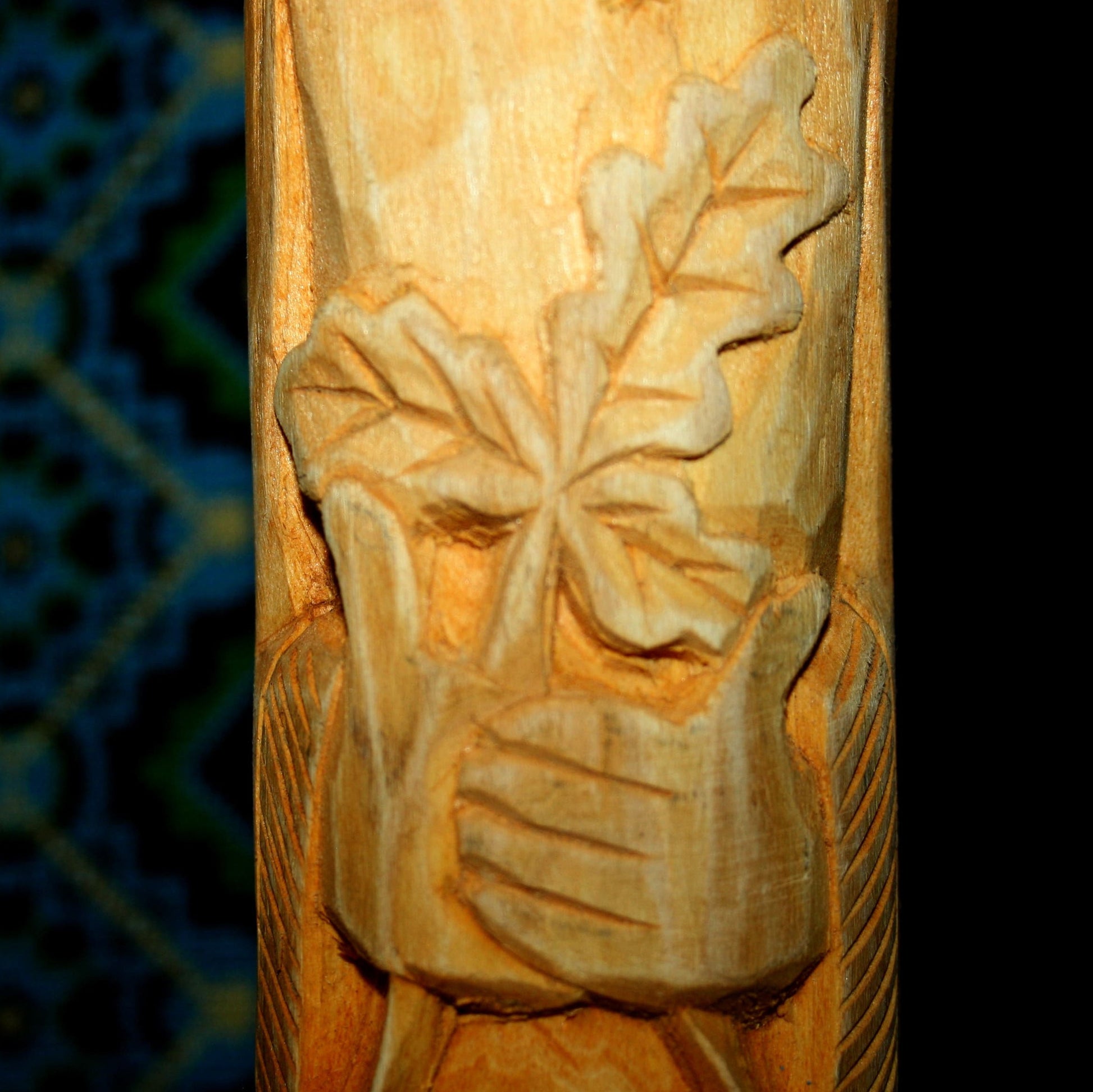 Close-up of natural wood grain on Rod Slavic God wooden idol