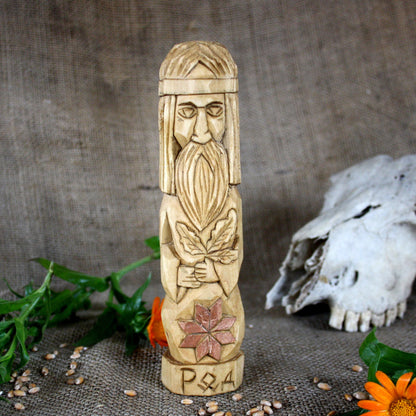 Front view of Rod Slavic wooden idol 18 cm hand carved from linden wood